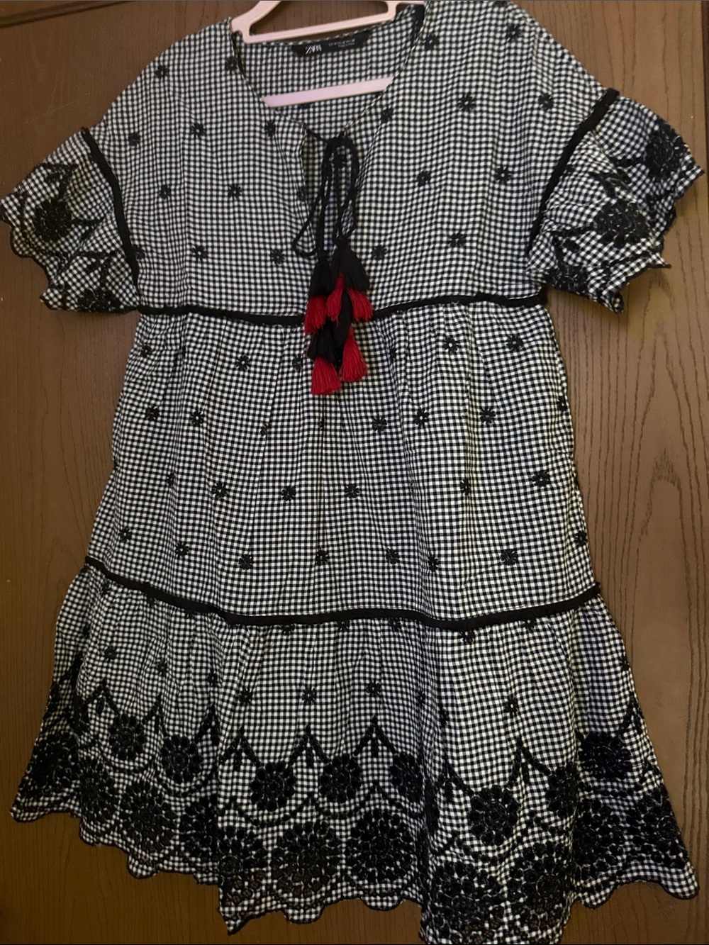 Zara Black & White Gingham Embroidered dress with Red Tassels NWOT